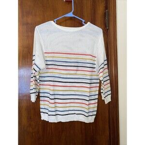Mod Ref Sweater White Pullover Net Knit Boutique Colorful Stripes Women's Small